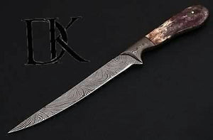 Custom Handmade Damascus Steel Boning Knife With Colour Bone Handle  with Leather Sheath DK-0045