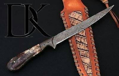 Custom Handmade Damascus Steel Boning Knife With Colour Bone Handle  with Leather Sheath DK-0045
