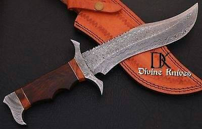 Damascus Knife Custom Handmade - 13.00 Inches Bowie Knife Rose Wood Handle/ Fighting Knife / Hunting Knife DK-0155