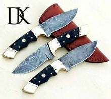 Load image into Gallery viewer, Handmade Damascus Steel Skinner Knife - Lot of 3/ Hunting Knives/Skinner Knives / Fixed Knives With Leather Sheaths DK-0161