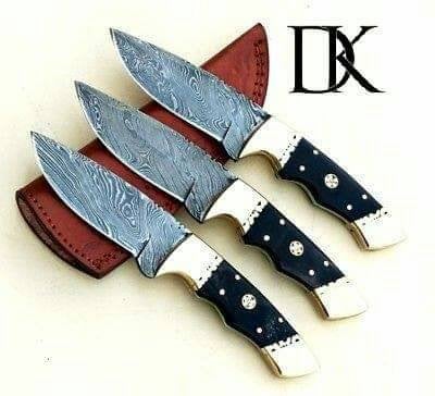 Handmade Damascus Steel Skinner Knife - Lot of 3/ Hunting Knives/Skinner Knives / Fixed Knives With Leather Sheaths DK-0161