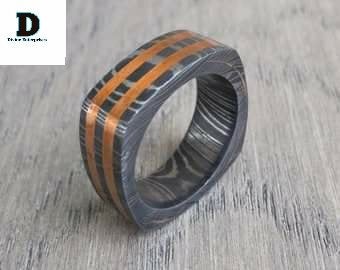 Custom Handmade Damascus Steel With Copper Wedding Ring/ Engagement Gift / Wedding Band /Perfect Gift DE-0025