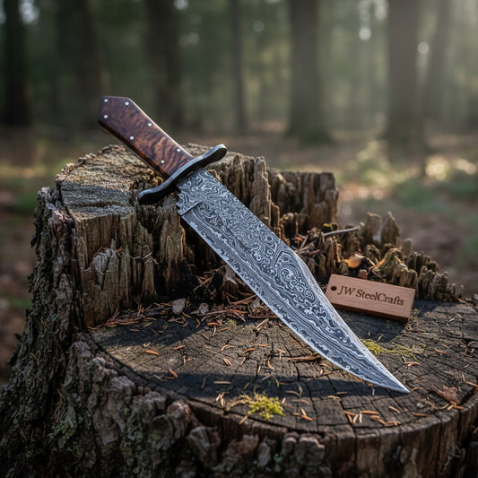Custom Handmade 15.00 Inches Damascus Steel Bowie Knife – Exotic Rose Wood Handle with Damascus Steel Guard DK-172