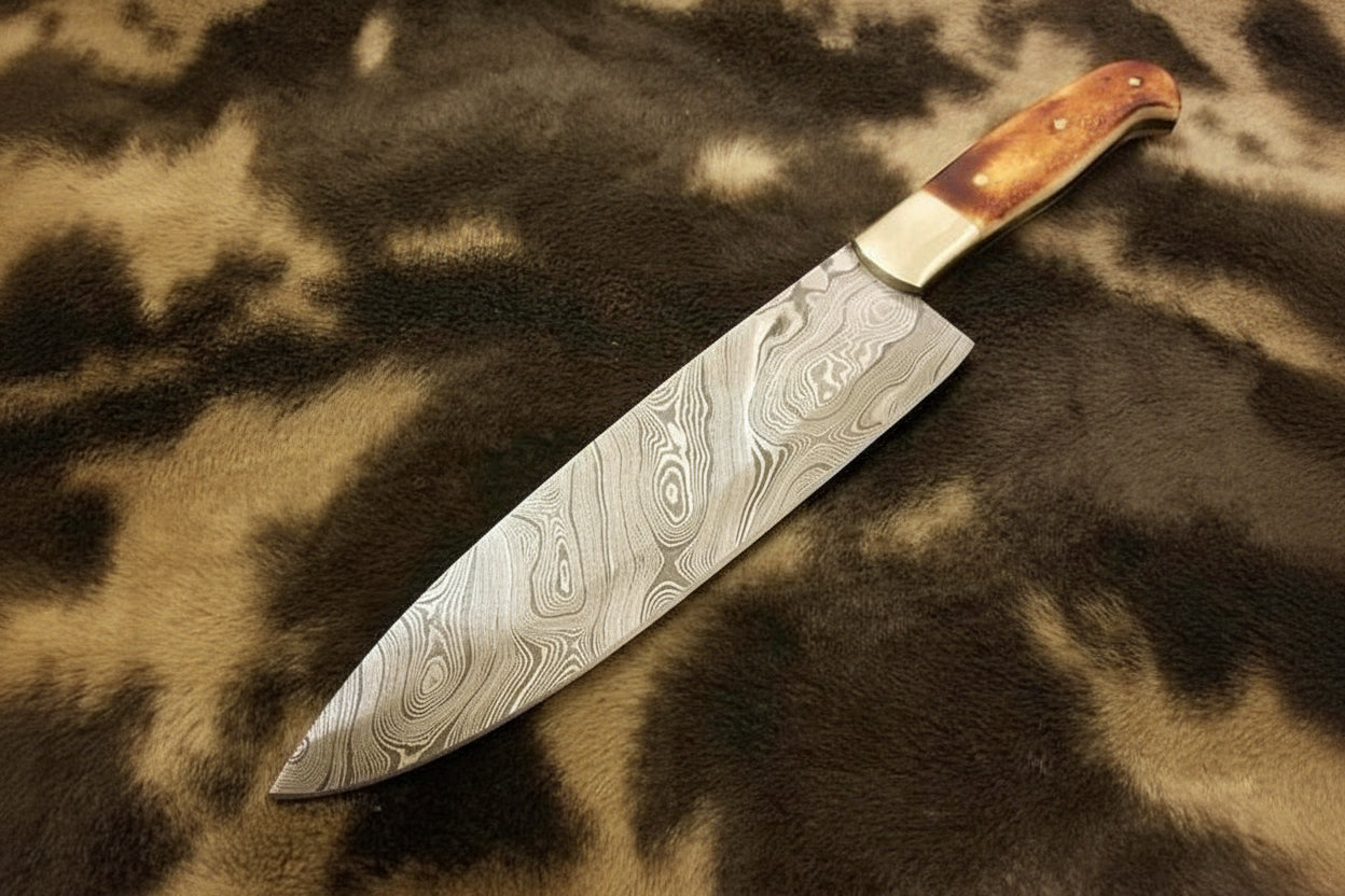 Kitchen Knife/ Chef Knife Damascus Blade with Burn bone & Brass Guard