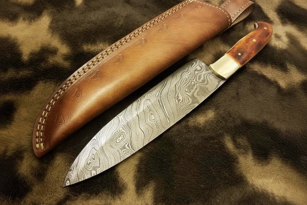 Kitchen Knife/ Chef Knife Damascus Blade with Burn bone & Brass Guard