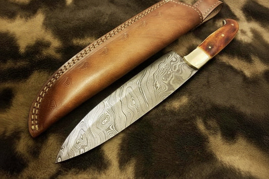 Kitchen Knife/ Chef Knife Damascus Blade with Burn bone & Brass Guard
