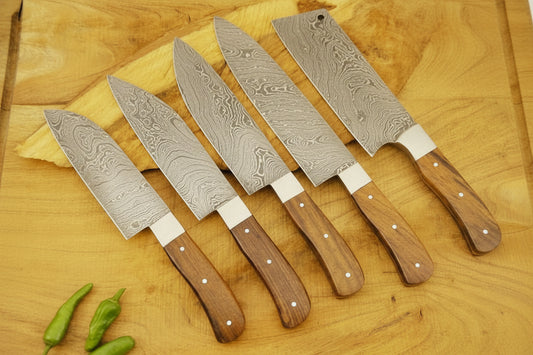 5 Pieces Damascus Chef Knives Set Brown Color- Kitchen Gift for Christmas DK-0385
