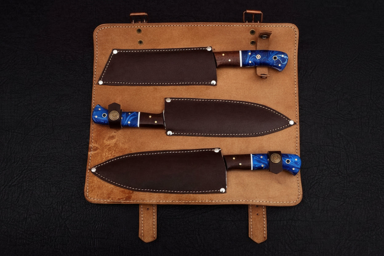 Forged chef's Knives set Handmade Damascus Steel Blades With Leather DK-0367