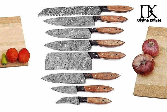 Handmade Damascus Steel Professional Kitchen Knives 8 pcs /Perfect Gift DK-0343