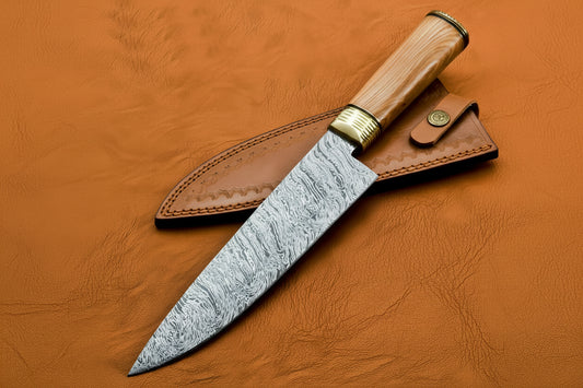 Handmade Damascus Steel Hunting Chef Knife With Wood and Brass Handle DK-0339