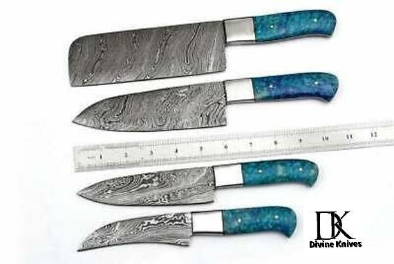 Custom Made Damascus Steel Chef Set With Beautiful Sky Blue Resin Sheet DK-0257