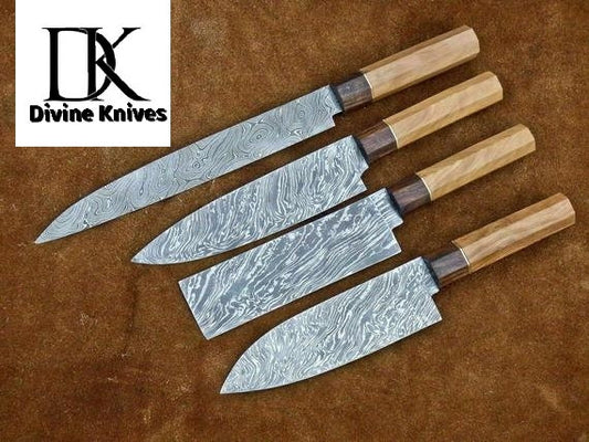 Set of 5 Pcs Beautiful Custom Handmade Damascus Blade Chef Knives DK-0234