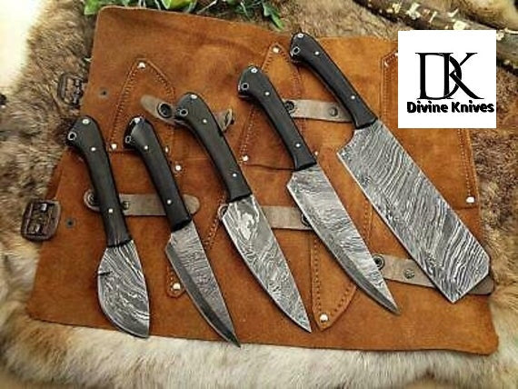 A Beautiful Custom Made Damascus Steel Chef Knives Set/Perfect Gift DK-0227