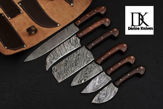 Knives Set 100% Handmade Damascus Steel Blade with Leather Roll DK-0199 Kit