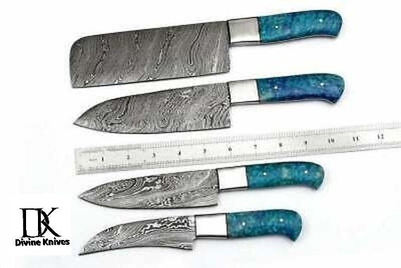 Custom Made Damascus Steel Chef Set With Beautiful Sky Blue Resin Sheet DK-0217
