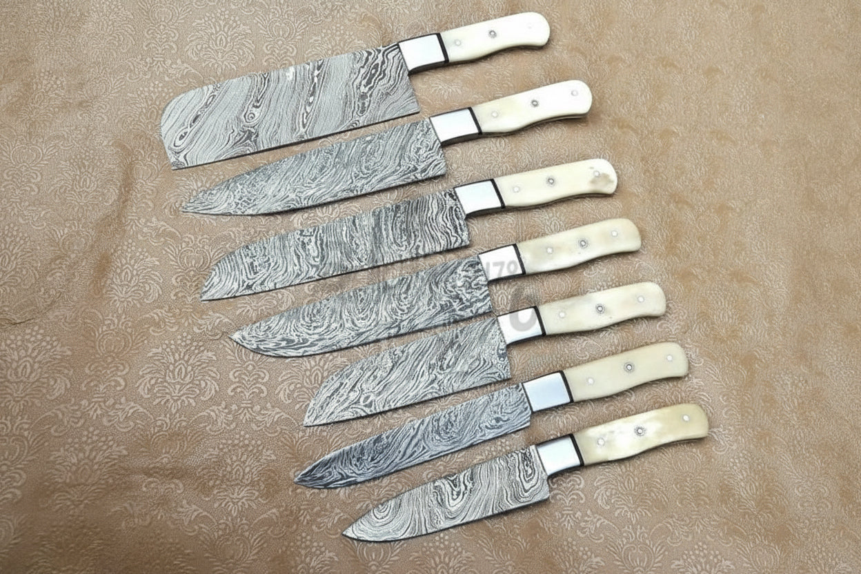 Custom Handmade Damascus 7 Pieces chef Knives 13" With bone Handle DK-0390
