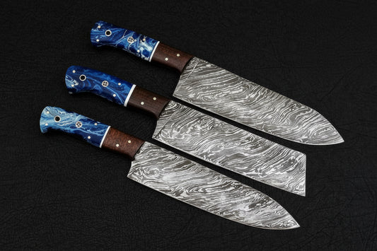 Forged chef's Knives set Handmade Damascus Steel Blades With Leather DK-0367