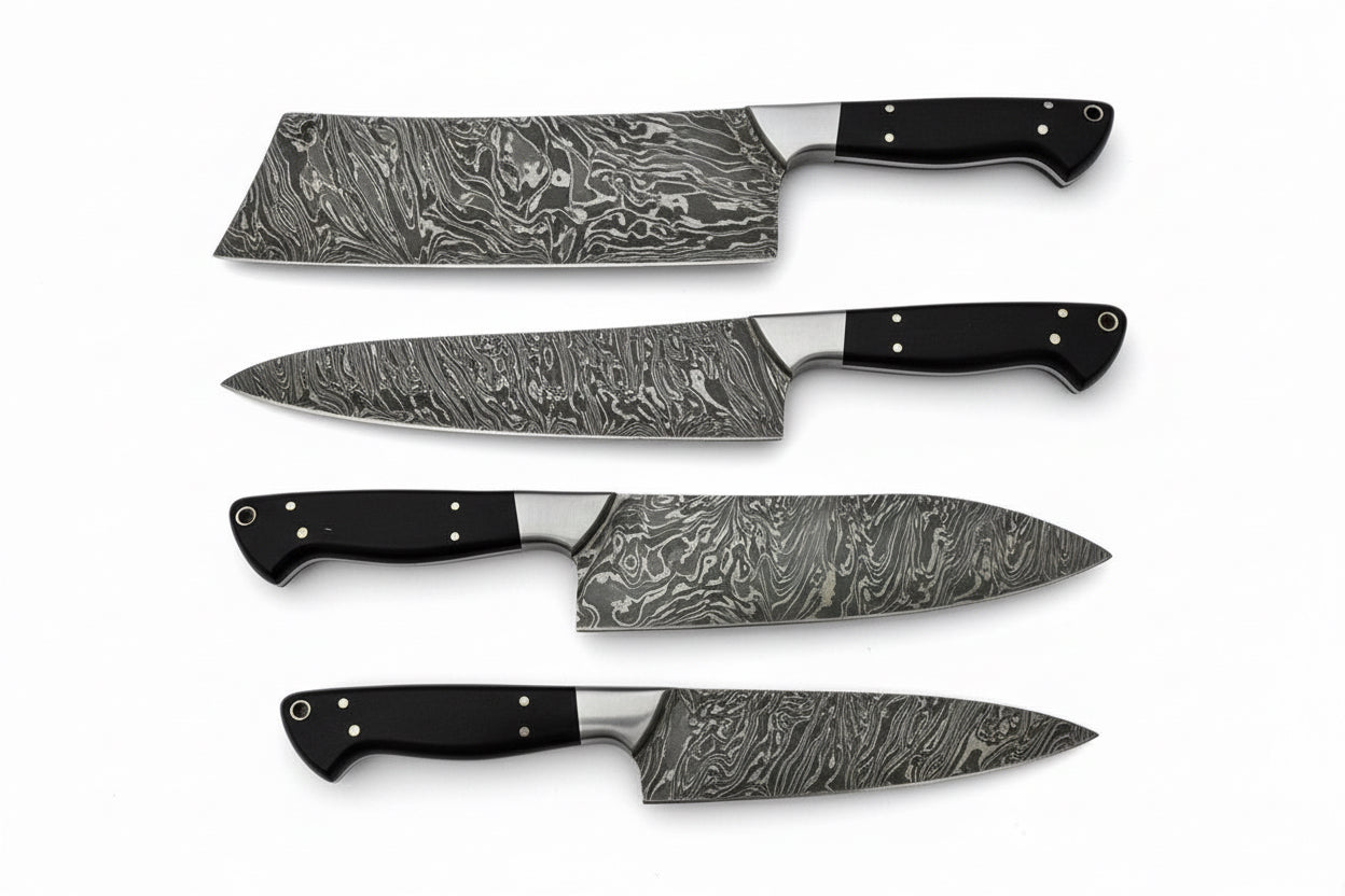 Custom Made Damascus Steel Chef Knife Set 4pcs with Lather Sheaths DK-0355