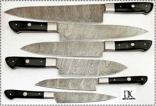 Kitchen Knives Damascus Steel Set of 6-Pcs Buffalo Horn Mosaic Pins DK-0328