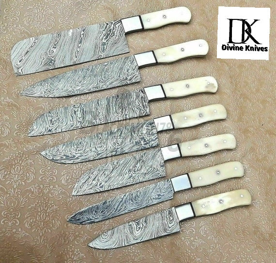 Custom Handmade Damascus 7 Pieces chef Knives 13" With bone Handle DK-0262