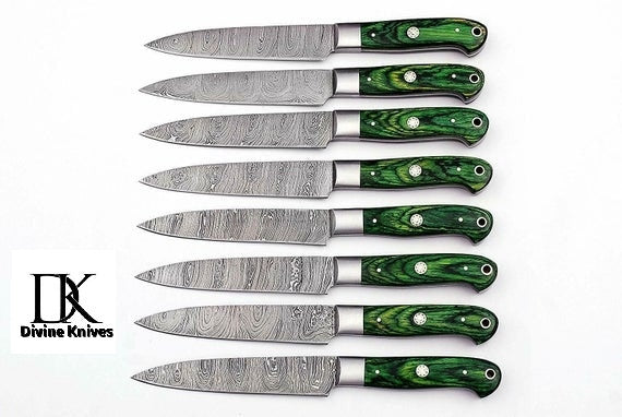 8 Pc's Steak Knives Set. Matching to 1081 Set Green Pakka Wood Handle. DK-0173