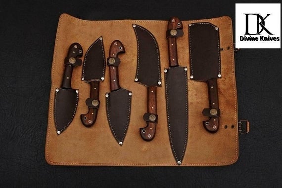 Knives Set 100% Handmade Damascus Steel Blade with Leather Roll DK-0199 Kit