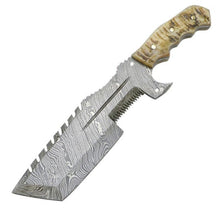 Load image into Gallery viewer, 12.5&quot; Full Tang Damascus Blade Hunting Knife Ram&#39;s Horn Leather Sheath