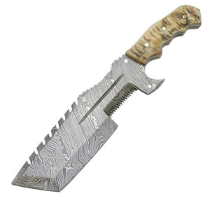 12.5" Full Tang Damascus Blade Hunting Knife Ram's Horn Leather Sheath