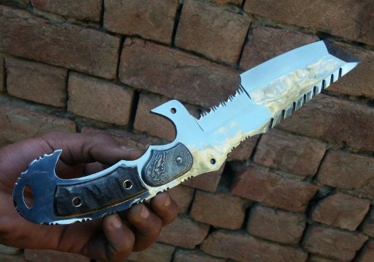 Tracker Knife Custom Handmade J2 Steel Handle Sheep Horn & Damascus Bolster 13"