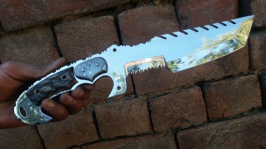 Tracker Knife Custom Handmade J2 Steel Handle Sheep Horn & Damascus Bolster 13"