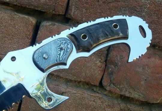 Tracker Knife Custom Handmade J2 Steel Handle Sheep Horn & Damascus Bolster 13"