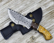 Load image into Gallery viewer, tracker knife Custom, 10&quot;, DAMASCUS KNIFE, Damascus steel knife, hunting, exotic Yellow Heart &amp; Walnut wood handle, leather sheath