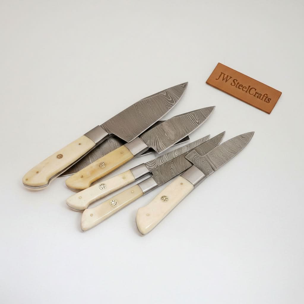 6-Pc Damascus Knife Set: Gyuto, Santoku, Nakiri, Boning, Utility, Paring Knives + Leather Roll handmade Nakiri Knife
