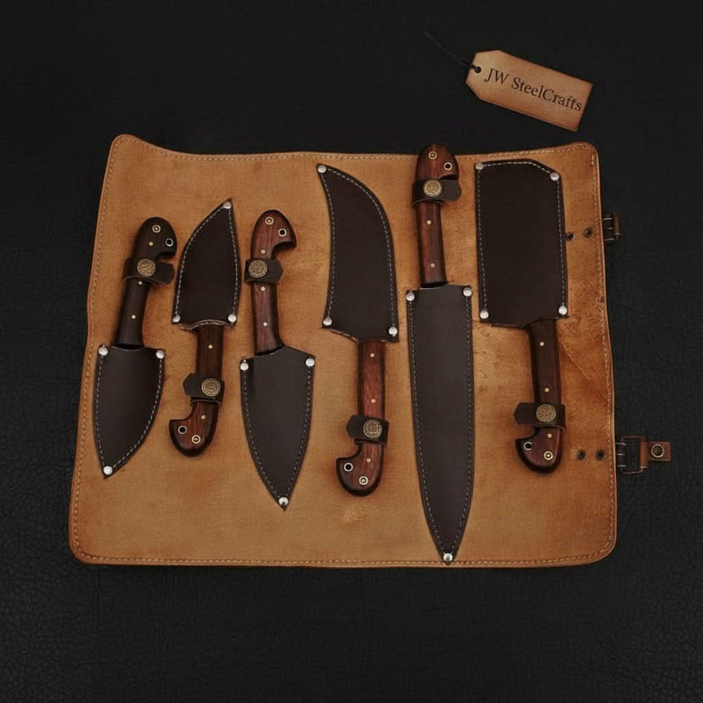6-Piece Damascus Knife Set with Leather Roll handmade Nakiri Knife by JW SteelCrafts