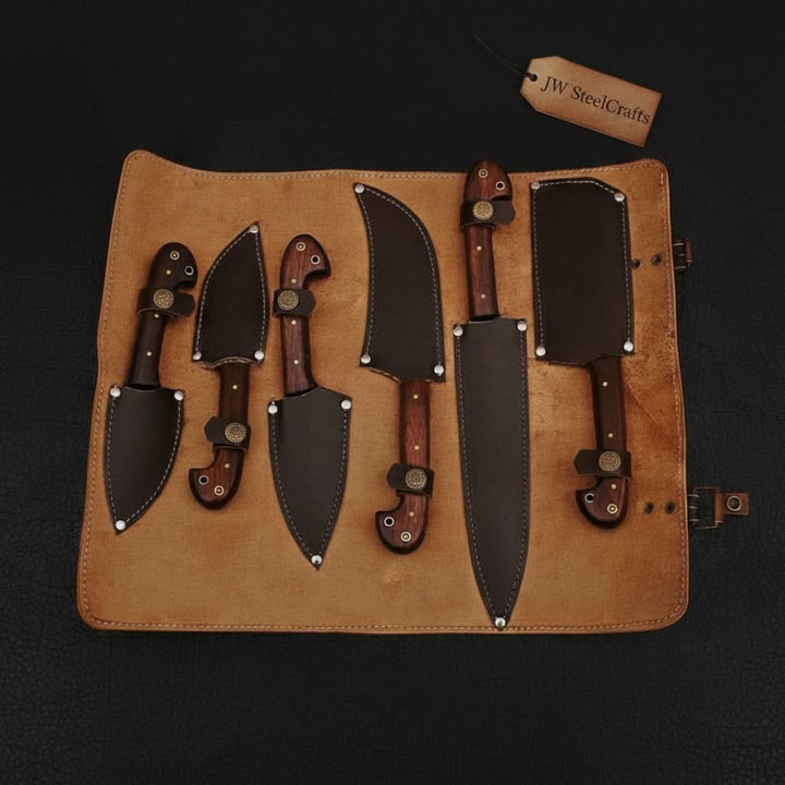 6-Piece Damascus Knife Set with Leather Roll handmade Nakiri Knife by JW SteelCrafts