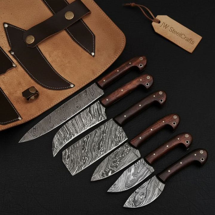 6-Piece Damascus Knife Set with Leather Roll handmade Nakiri Knife by JW SteelCrafts