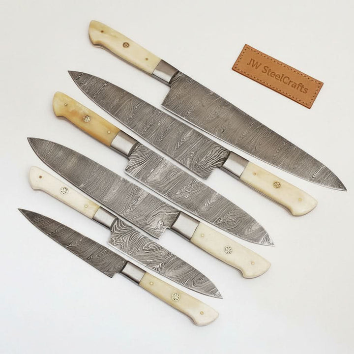 6-Pc Damascus Knife Set: Gyuto, Santoku, Nakiri, Boning, Utility, Paring Knives + Leather Roll handmade Nakiri Knife