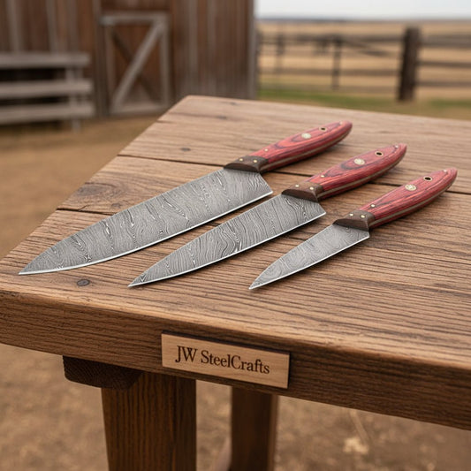 3 PIECES Custom Handmade Damascus steel Chef Knives SET DK - 0323 handmade Handmade Chef Knife Sets by JW SteelCrafts