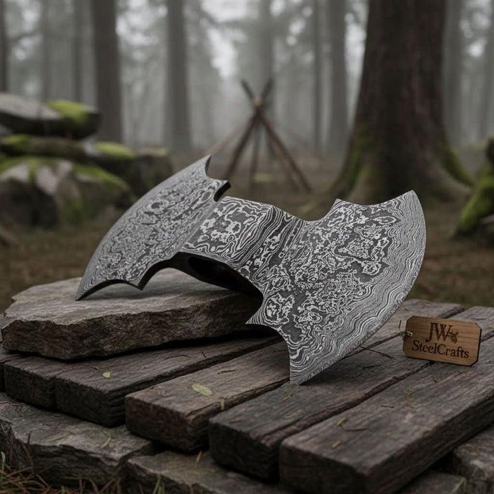     Hand-forged dual blade Viking axe featuring detailed Damascus steel craftsmanship showcased outdoors on weathered timber.