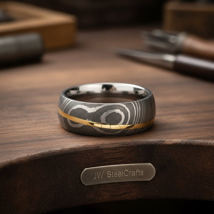 Custom Handmade Damascus Steel Brass Mixed Wedding Rings / Engagement Gift / Wedding Band /Perfect Gift DE - 0037 handmade Ring by JW SteelCrafts