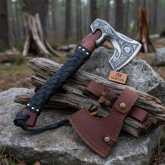 Norse Engraved Camp Hatchet with Leather Wrapped Handle and Belt Sheath | JW SteelCrafts handmade Handmade Axe by JW SteelCrafts