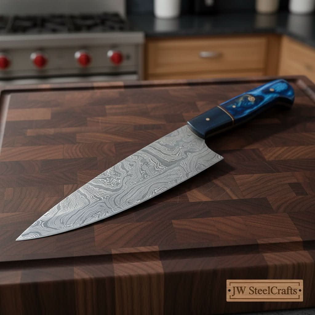     Highlighting Damascus steel artistry, this kitchen knife features a polished bolster and resin handle.