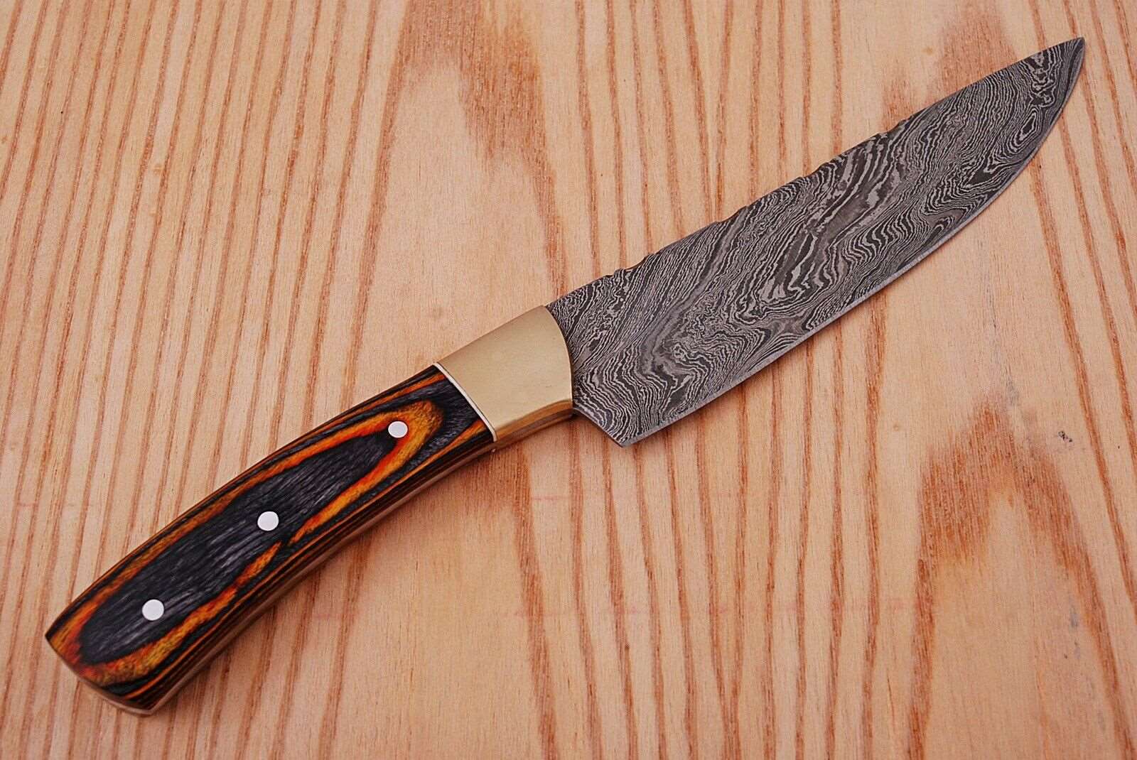 CUSTOM HAND FORGED DAMASCUS STEEL CHEF KNIFE W/ WOOD AND BRASS HAndle