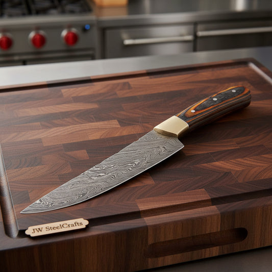 CUSTOM HAND FORGED DAMASCUS STEEL CHEF KNIFE W/ WOOD AND BRASS HAndle