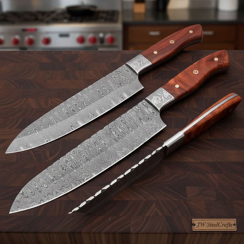     Utilizing layered steel construction, these chef knives showcase traditional Damascus blade patterns.